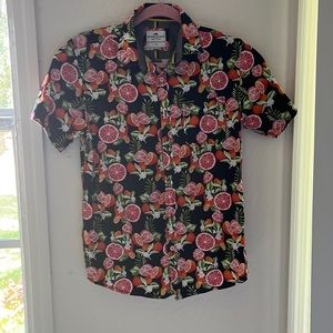 Black, fruit print, button down top